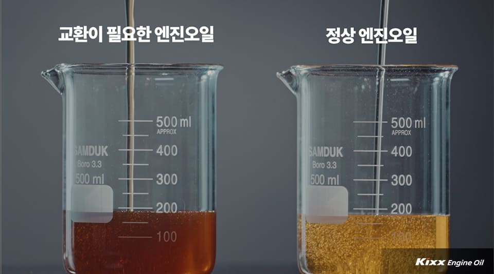 교체가 필요한 오일과 정상 오일을 보여주는 사진