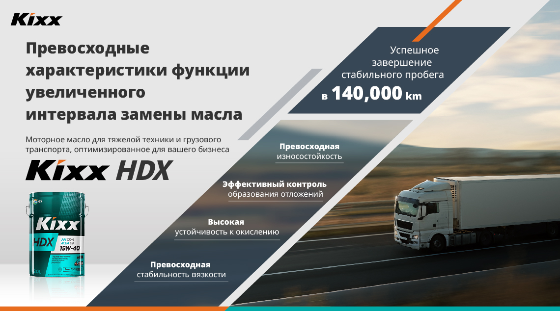 Постер с изображением грузовика и канистр моторного масла Kixx HDX. На постере также размещена информация о четырех ключевых преимуществах Kixx HDX, подтвержденных результатами полевых испытаний. 