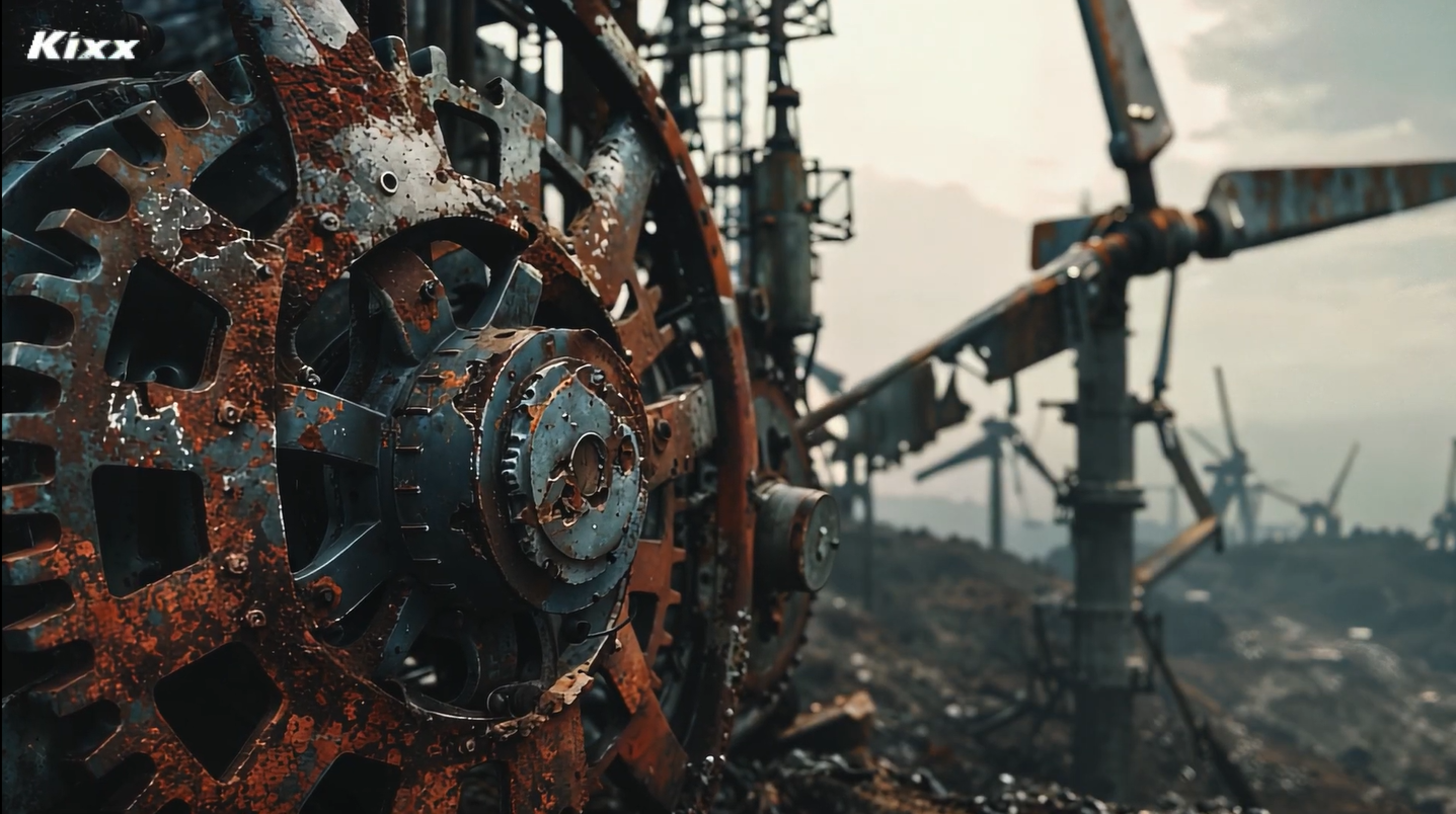 From upper left, (1) A passenger car exploding in the middle of the road (2) Rusted industrial equipment and a site in ruins (3) Abandoned shipwrecks sunk in the deep sea (4) Dark and desolate buildings