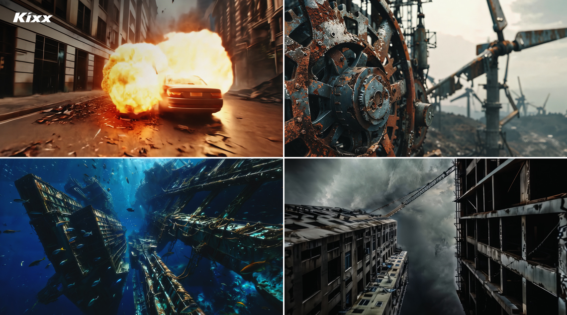 From upper left, (1) A passenger car exploding in the middle of the road (2) Rusted industrial equipment and a site in ruins (3) Abandoned shipwrecks sunk in the deep sea (4) Dark and desolate buildings 