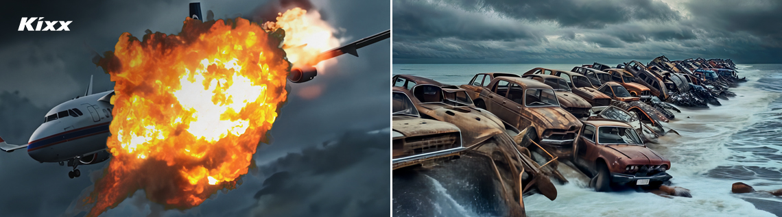 (Left) An airplane exploding mid-flight due to engine overheating (Right) Countless cars abandoned and drifting away at sea 