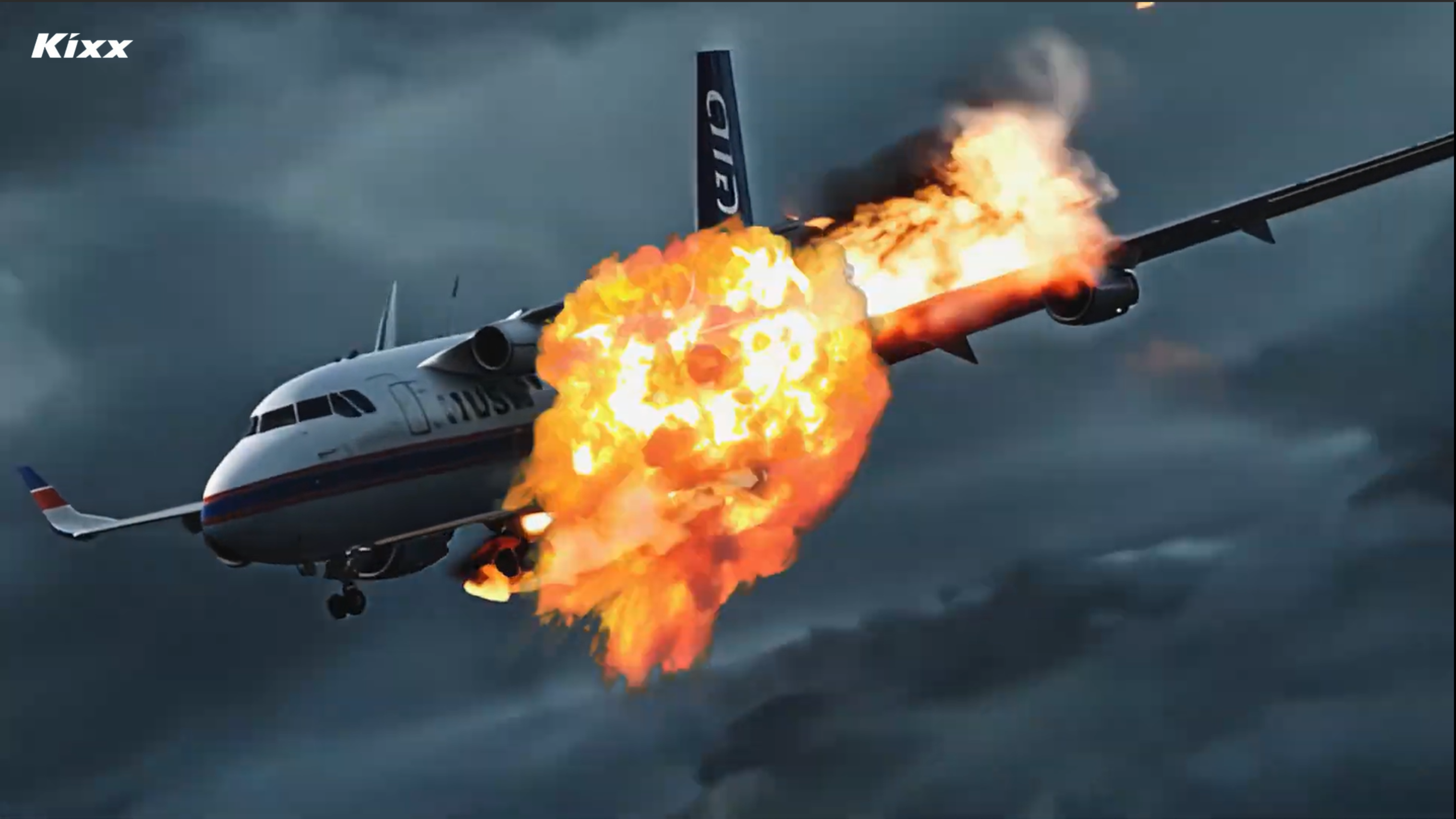 An airplane exploding mid-flight due to engine overheating