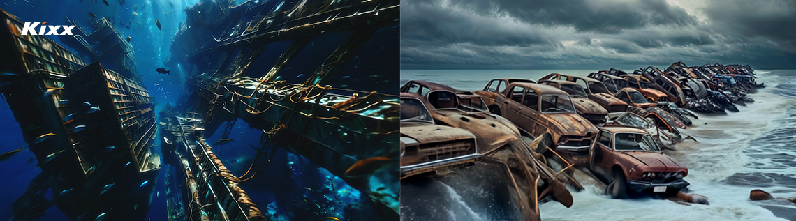 Images of rusting ships sinking in the deep sea and damaged vehicles along the coastline with a dark and stormy sky.