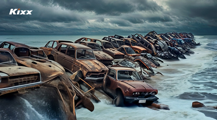 Damaged vehicles along the coastline with a dark and stormy sky.