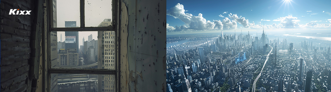 An AI-generated image of a cityscape through a window (left) and an AI-generated image of a futuristic cityscape surrounded by the sun and clouds (right).