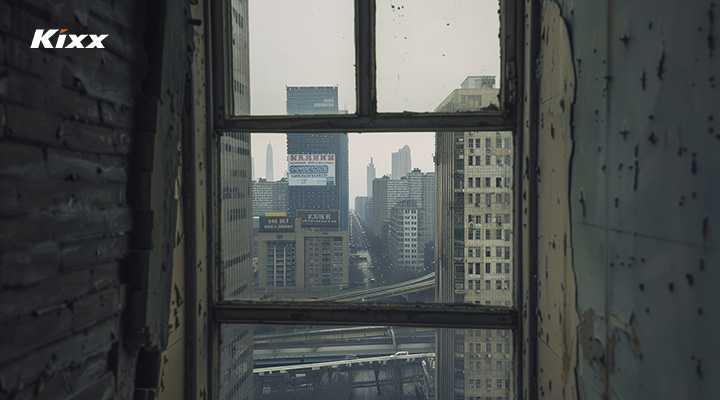 An AI-generated image of a cityscape through a window.