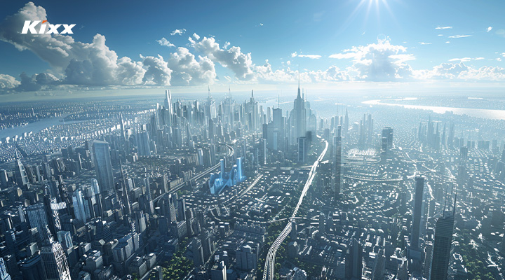 An AI-generated image of a futuristic cityscape surrounded by the sun and clouds.