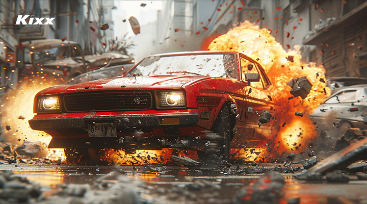 A classic car explodes in the city with pavement and car parts flying.